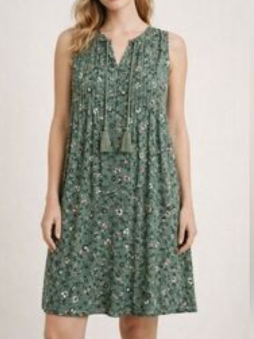 Old Navy Olive Green White Black Floral Mini Dress Boho Pleated Sleeveless - Picture 10 of 10